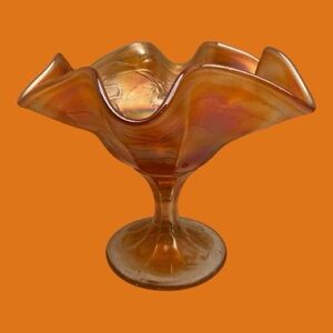 Vintage Carnival Glass Marigold Ruffled Edges Footed Bowl Iridescent Floral